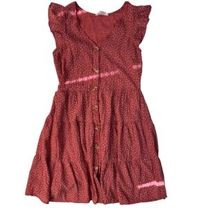 Sweet Wanderer Red Floral Button Front Ruffle Sleeve Dress Women's Size S